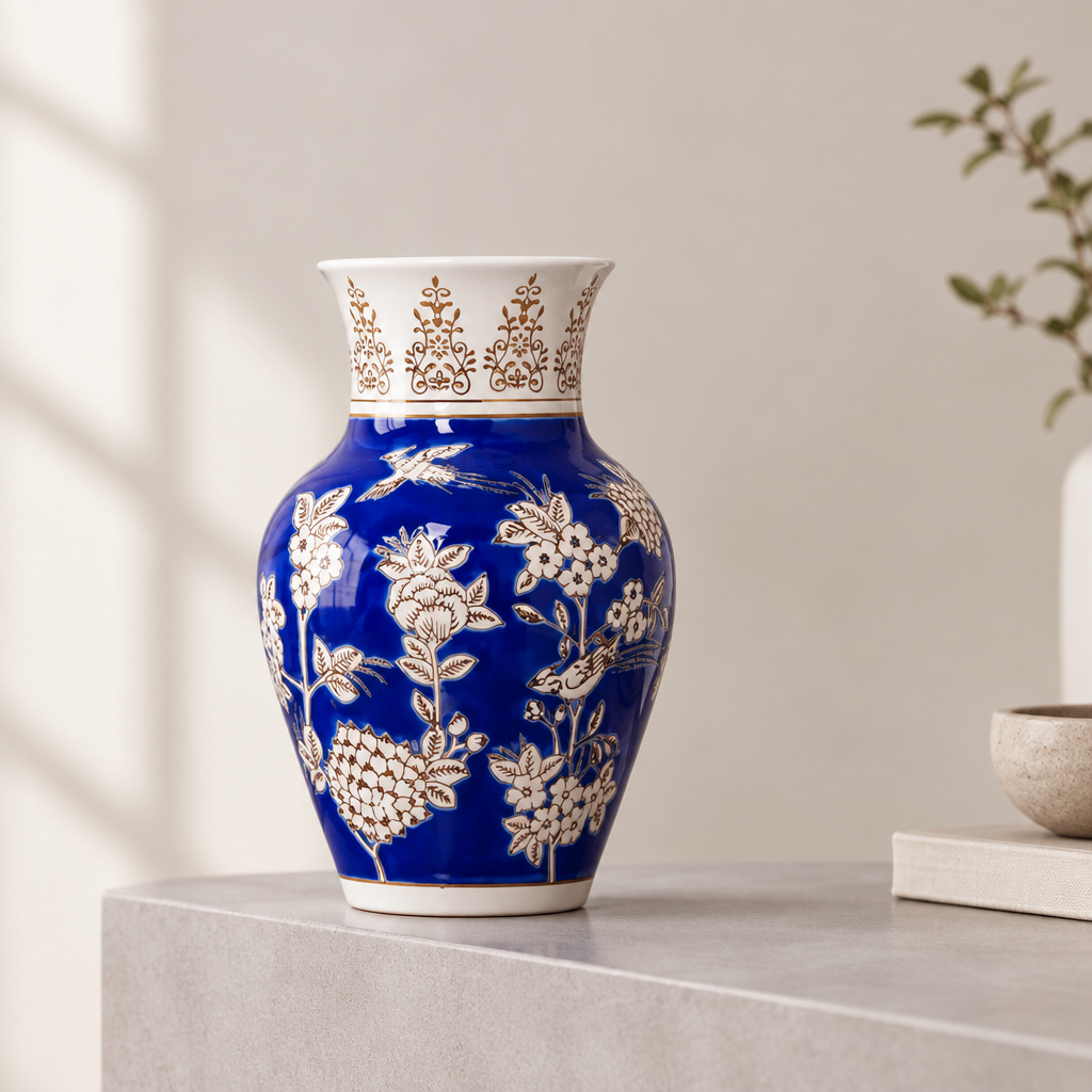 Blue porcelain vase with flared neck and floral bird design, 25cm tall.