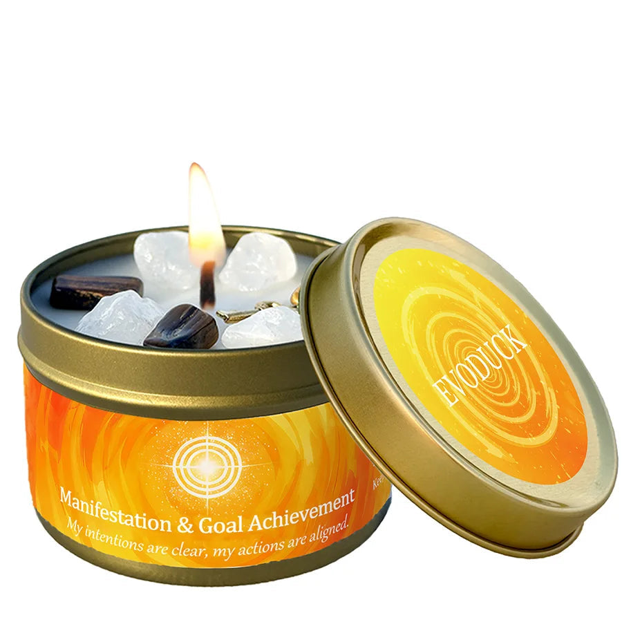 Goal achievement candle in a tin on a white background