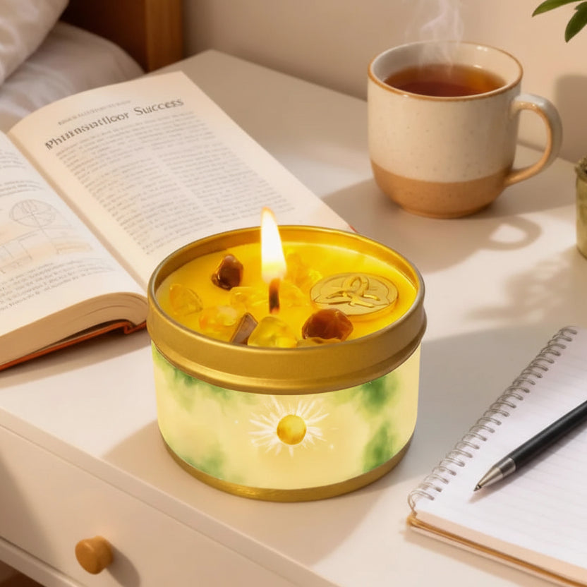 Abundance and prosperity candle on a table with a cup of tea, book, and notebook.