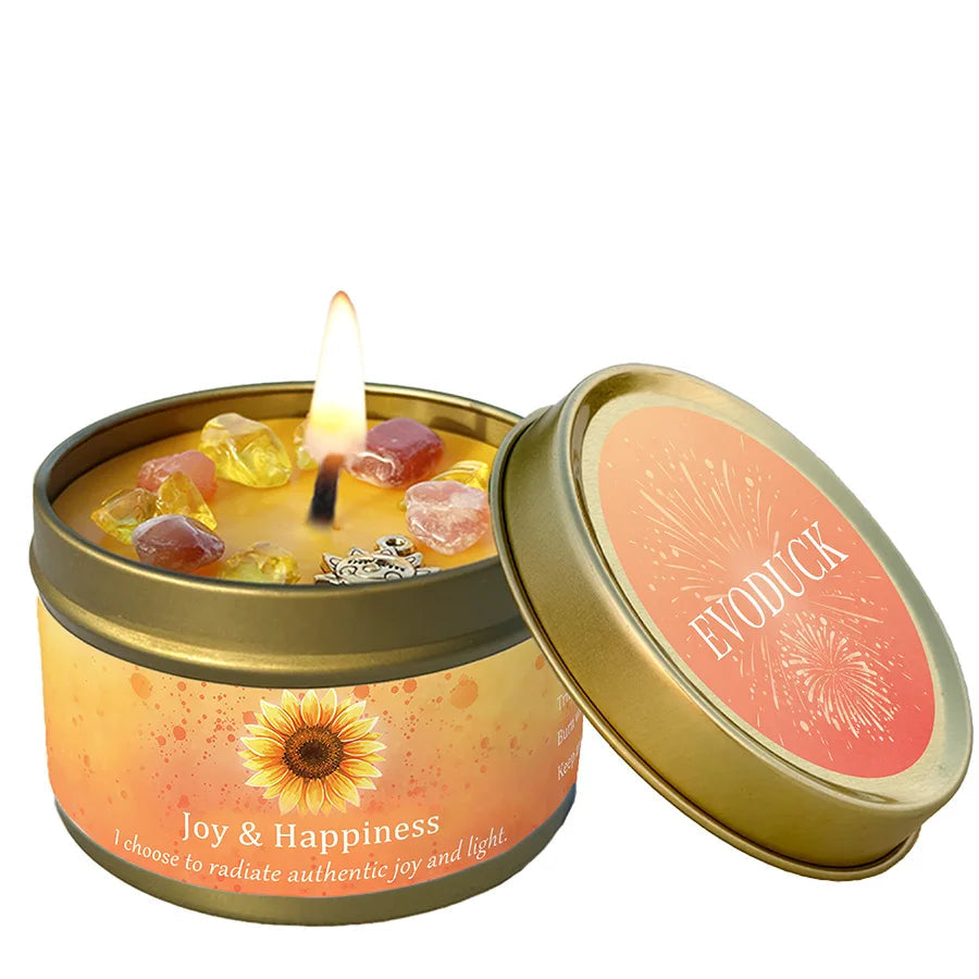 Joy & Happiness candle in a tin on a white background