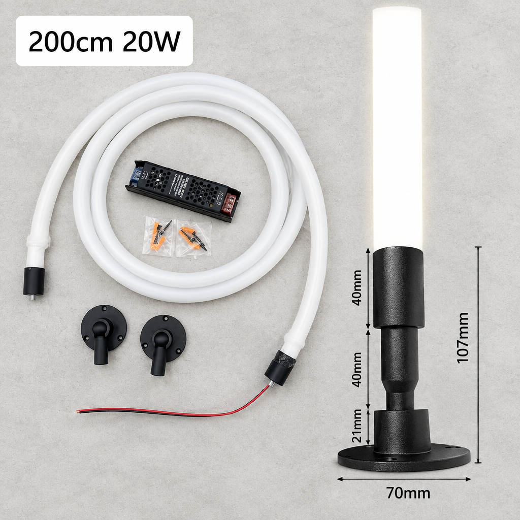 A 200cm long 20W LED under-cabinet light fixture kit with a white flexible tube, black metal base, two mounting brackets, and a remote control, shown with dimension labels on a light gray background.