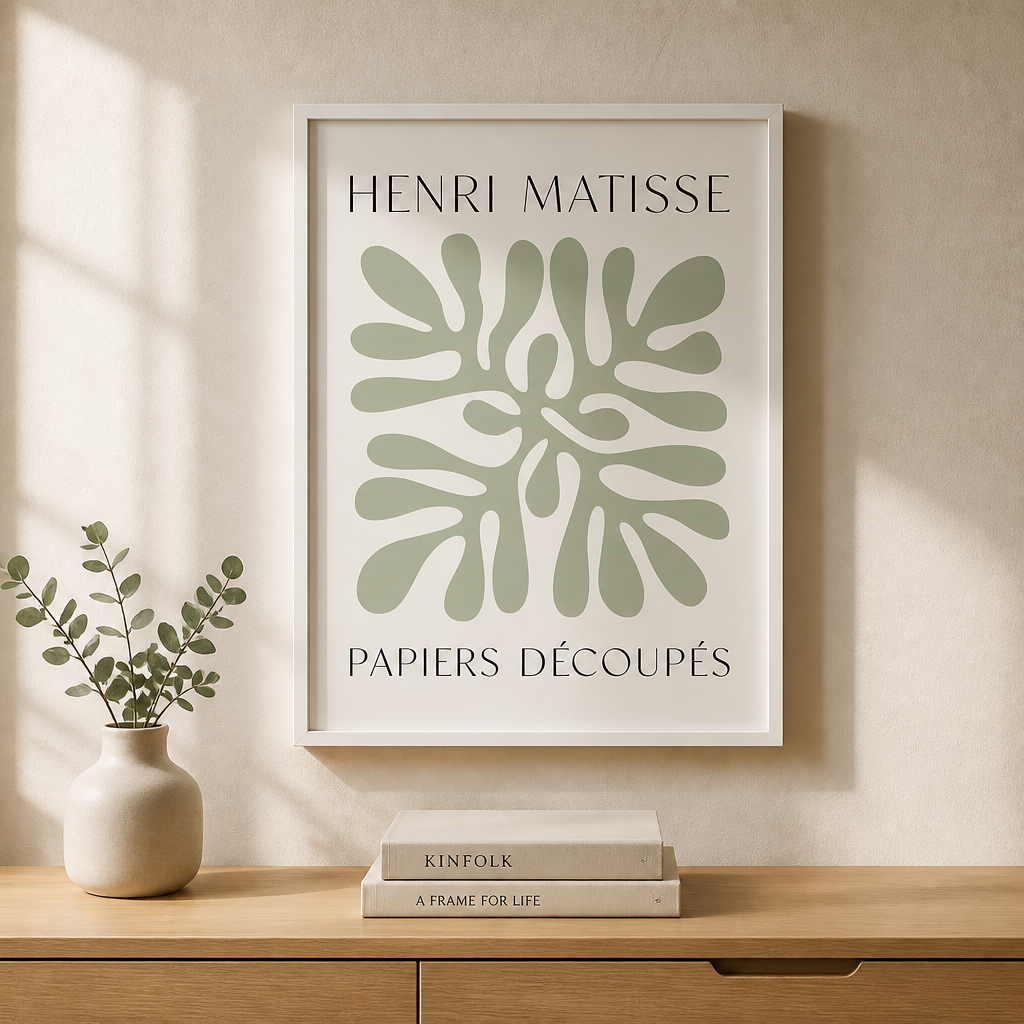 Henri Matisse-style canvas print with pale green botanical cutout design and poster typography.