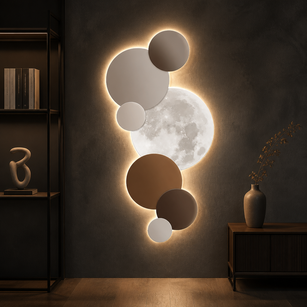 Terracotta and taupe moon wall light illuminating a hallway entrance