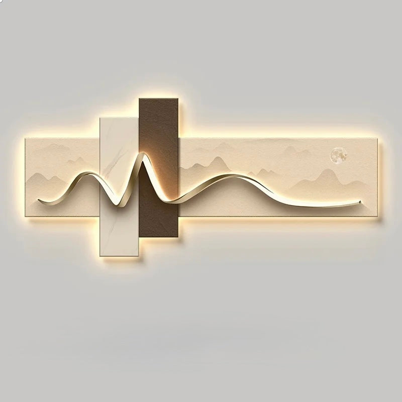 Modern wall light fixture with wavy design on a gray background