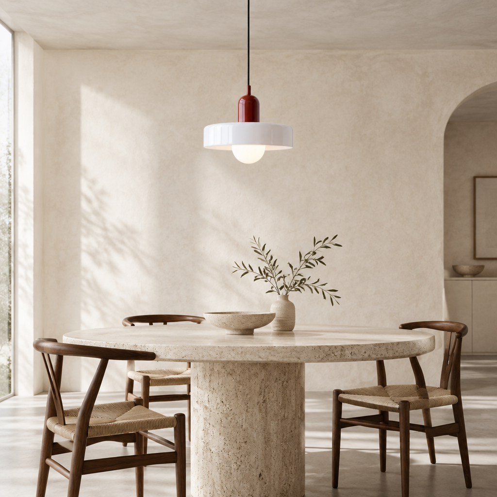 A modern dining room scene featuring a round stone dining table with a thick central column, surrounded by four dark wood chairs with woven seats. A white and red pendant light hangs above, and a small vase with green branches sits on the table.