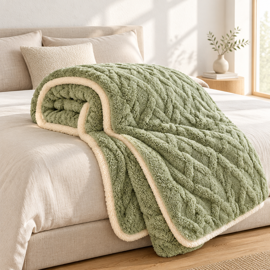 A sage green textured throw blanket with a cream sherpa lining, draped over a neatly made bed in a bright, modern bedroom.