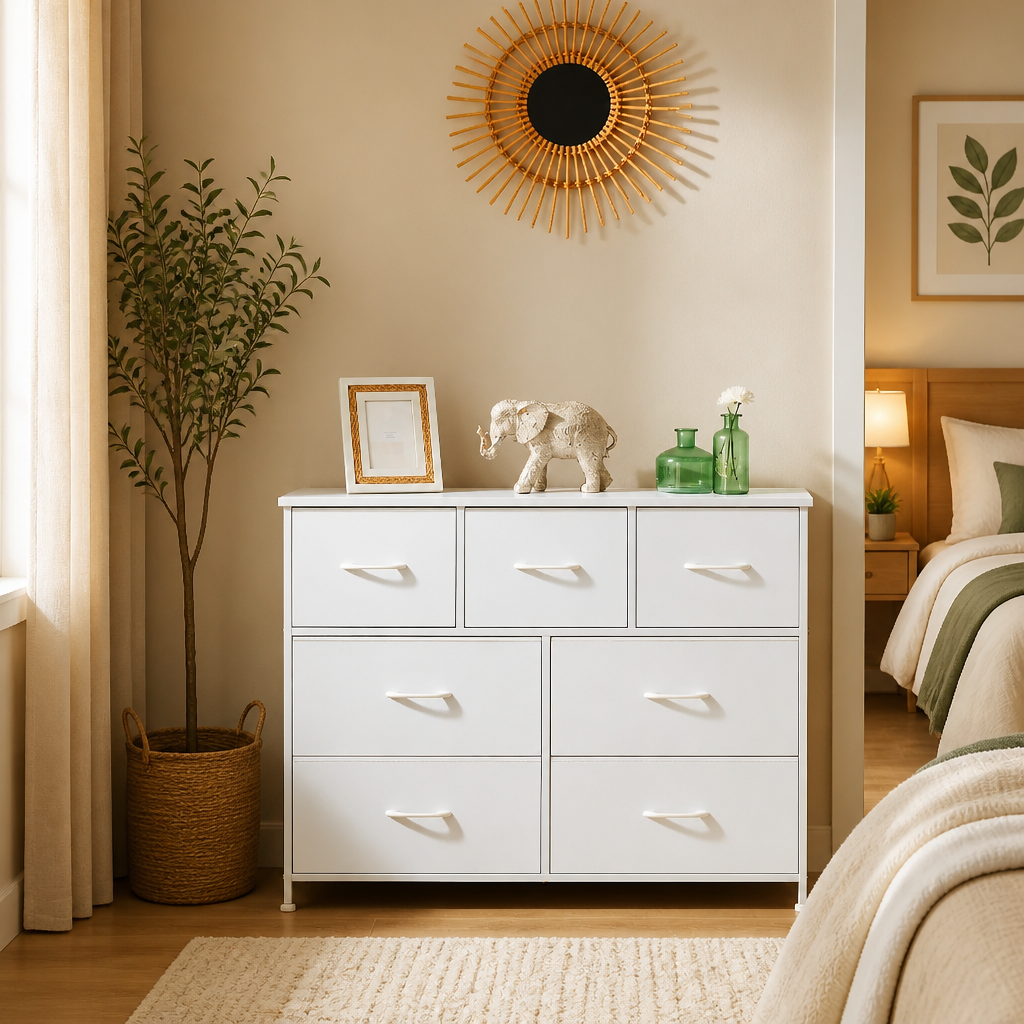 White 7-drawer fabric dresser.