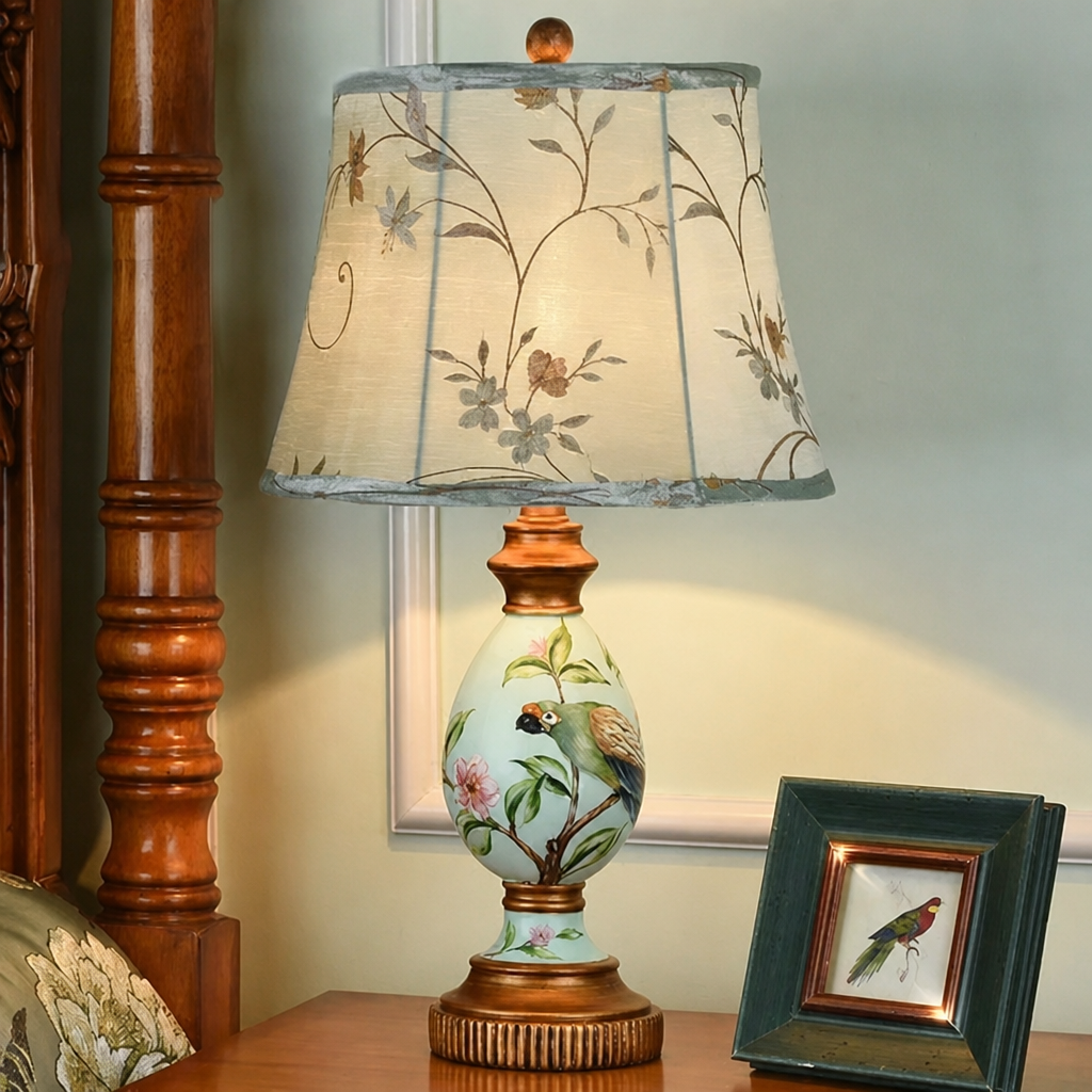 Resin table lamp with green parrot design and floral-print lampshade beside a framed bird illustration
