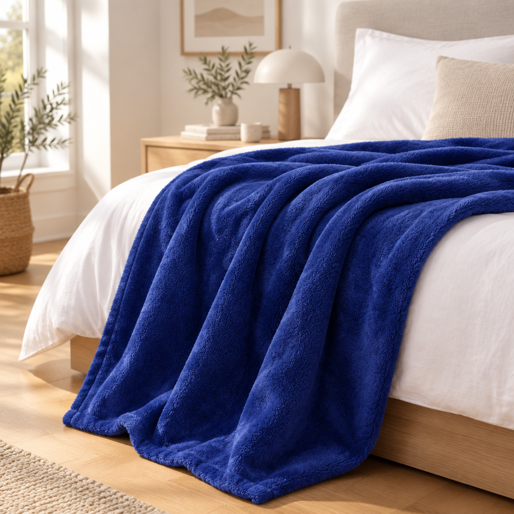 Navy blue plush blanket folded neatly beside a dark headboard