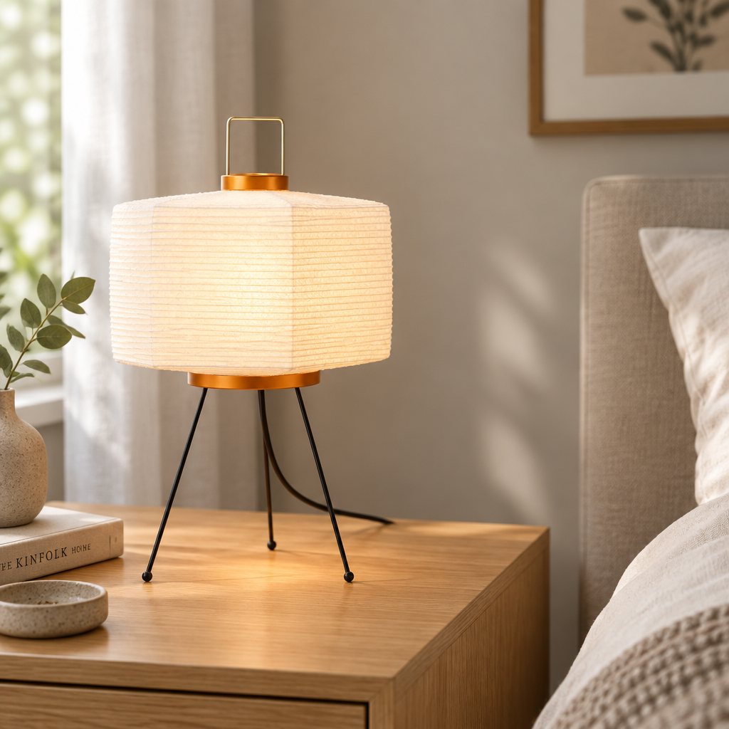A modern table lamp with a cylindrical pleated white shade, gold metal accents, and three black legs, shown lit on a wooden bedside table in a bedroom setting.