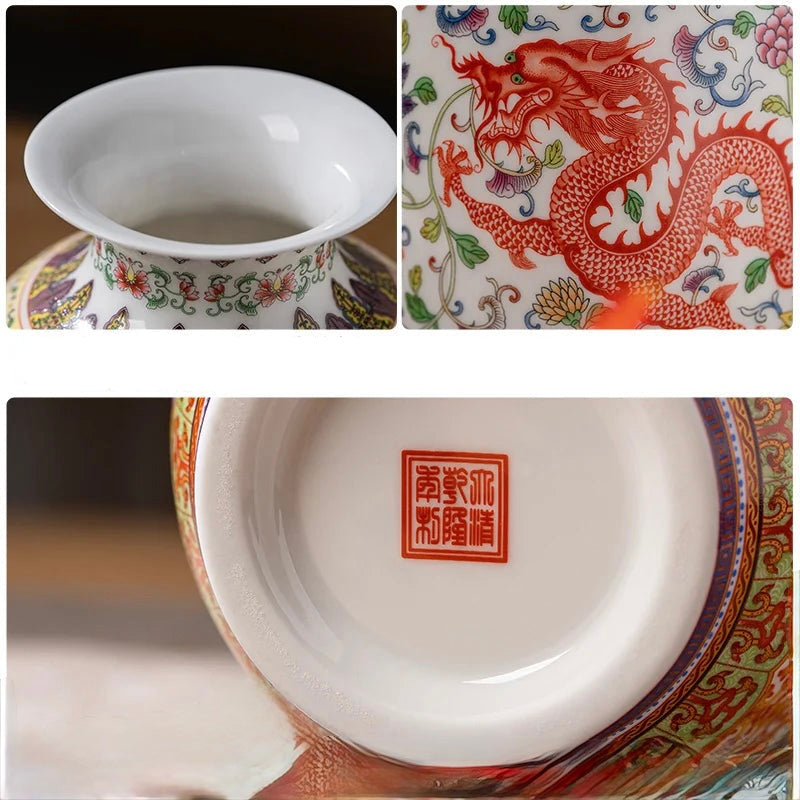 Traditional white porcelain vase showing base, flared neck  and featuring a large red imperial dragon and floral vines.