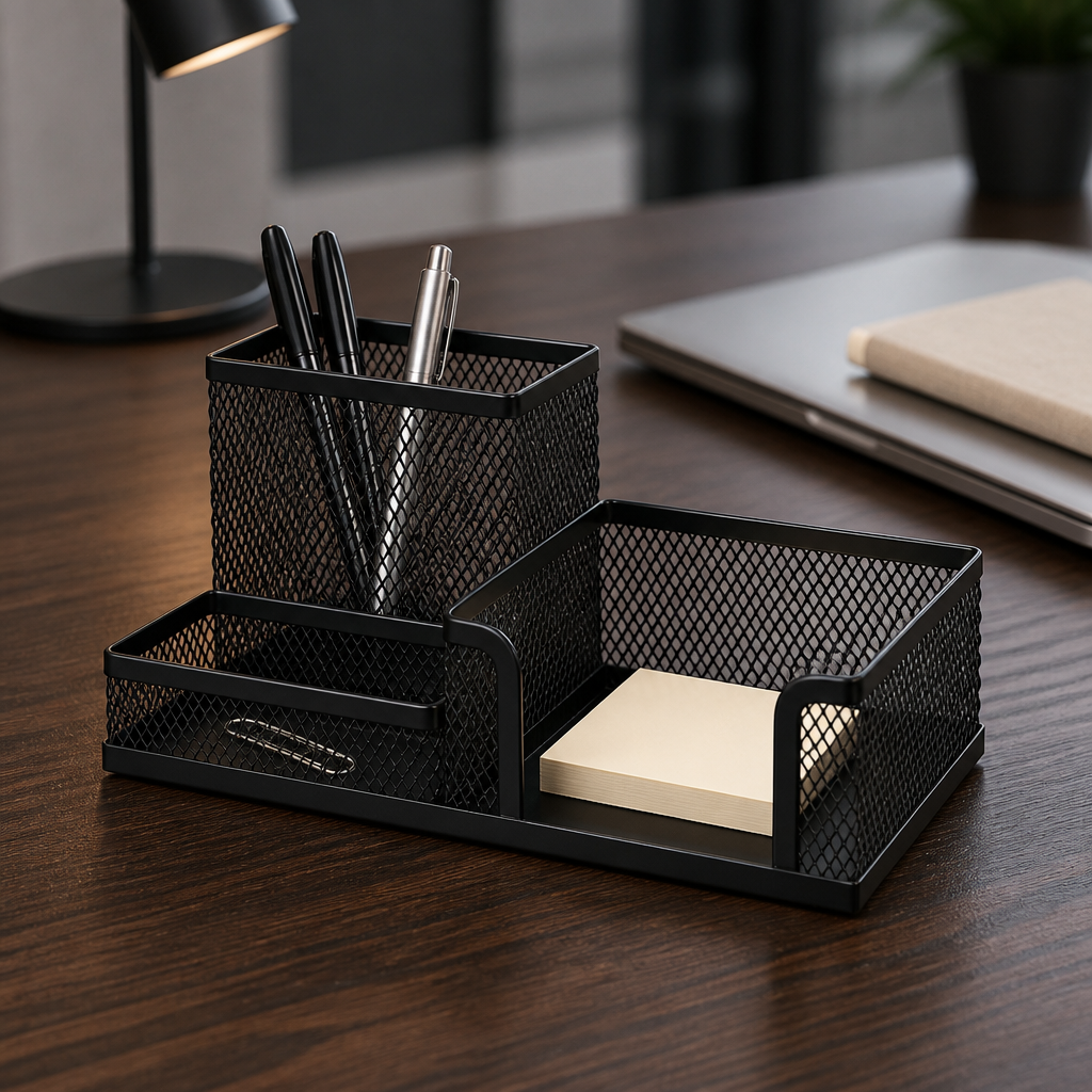 Metal Mesh Desk Organiser with Compartments | Minimal Workspace Storage