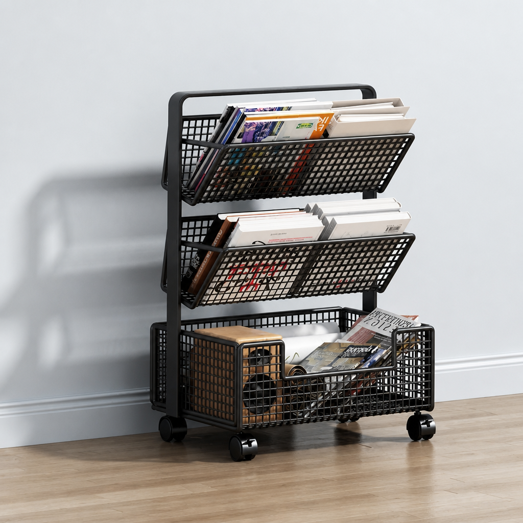 Black 3-tier mesh book cart on wheels, 50cm