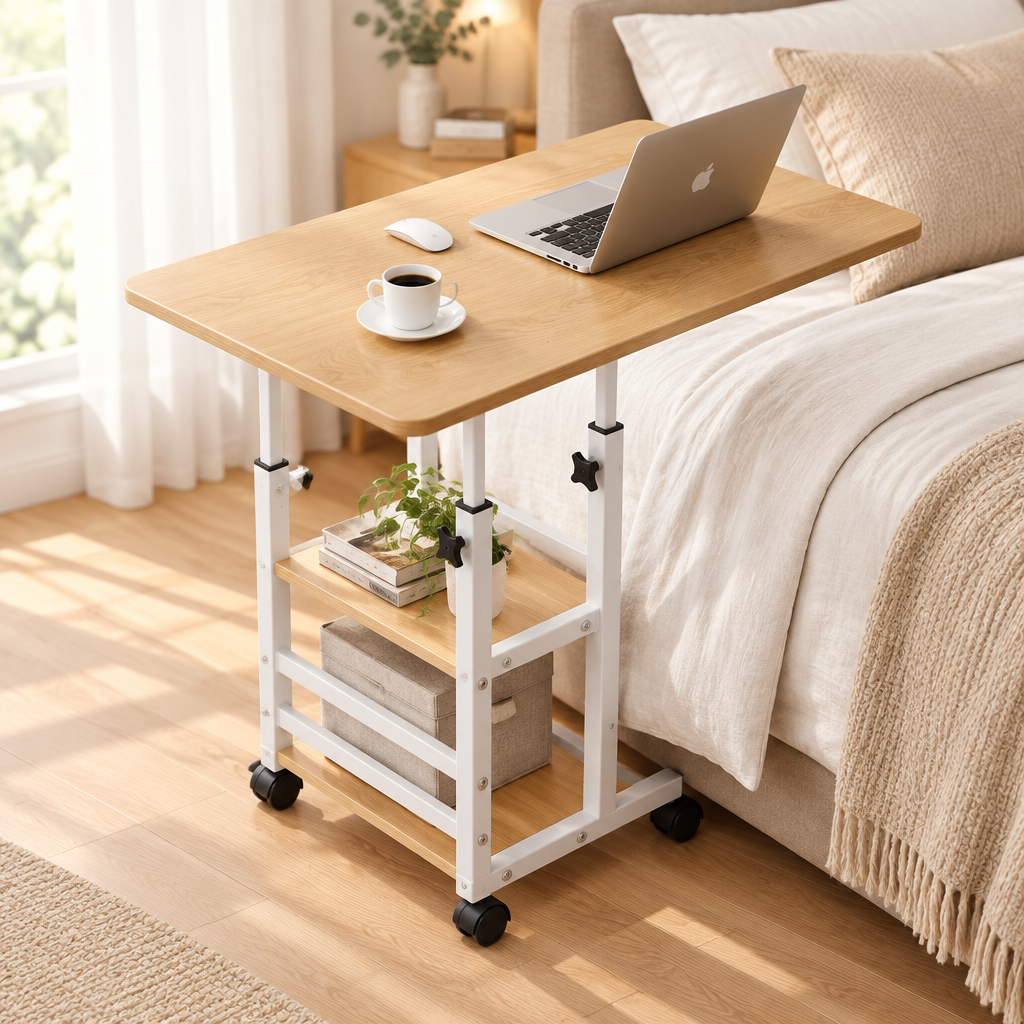 Natural wood mobile desk with white frame, 80 × 40 cm, beside a bed with a laptop