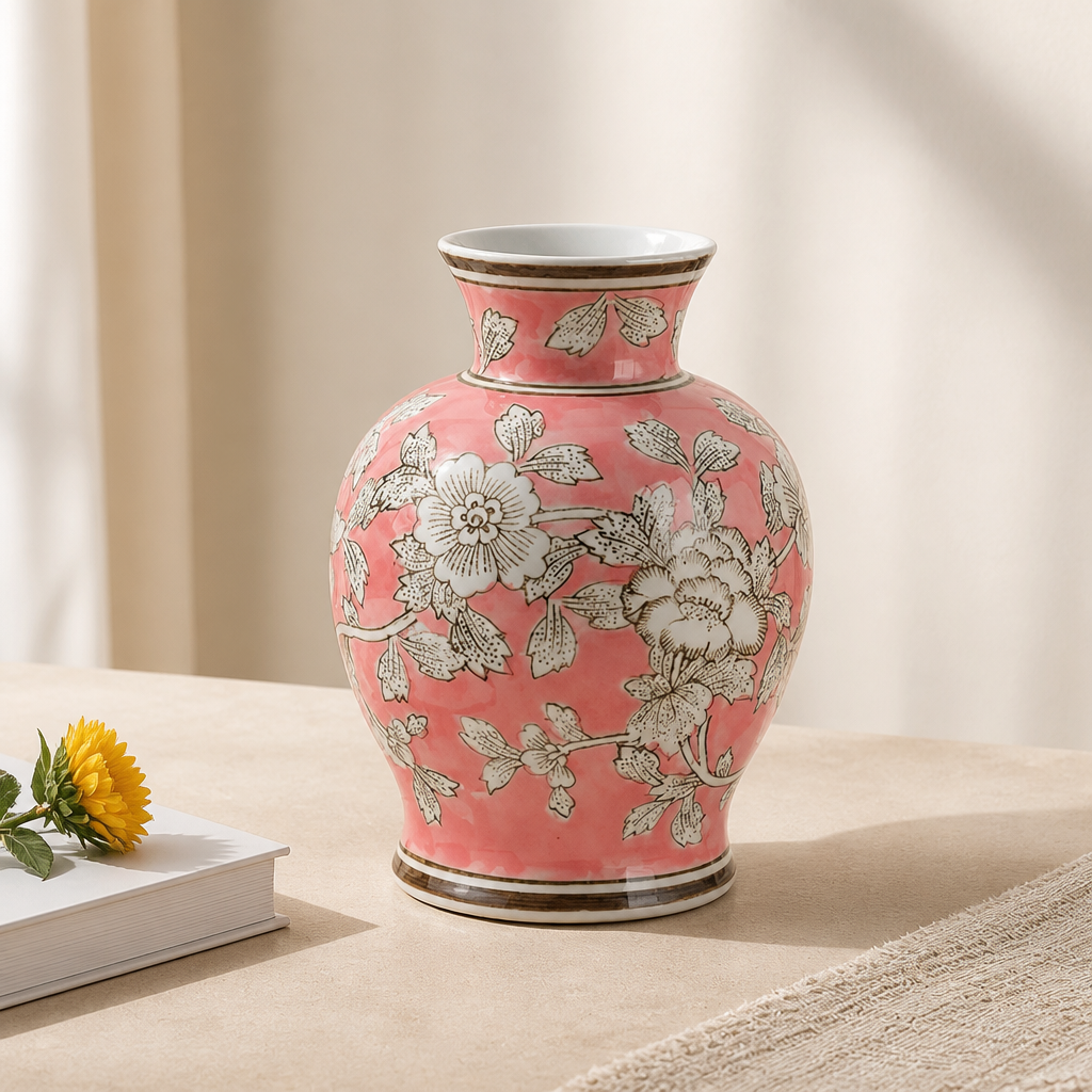 Pink floral vase on a beige surface with a yellow flower and book in the background