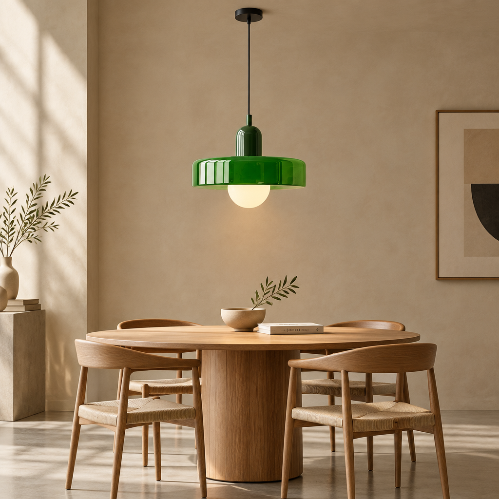 A modern pendant light with a glossy green flared shade and a glowing warm white globe bulb, hanging above a round wooden dining table with four matching chairs in a minimalist beige room.