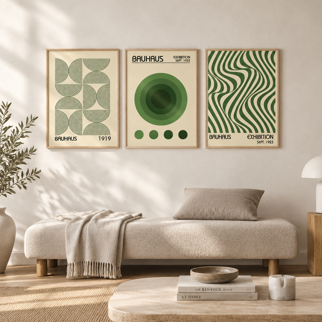 Three framed Bauhaus-style art prints in green and cream hang above a beige chaise lounge in a sunlit living room. The prints feature geometric and wavy line patterns with Bauhaus text, and the room includes a sofa, throw blanket, lamp, and small table.