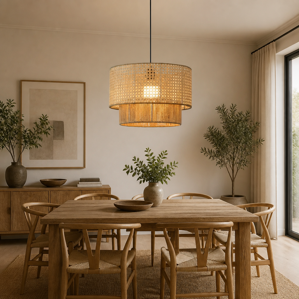 A modern dining room featuring a round woven wicker pendant light hanging over a light wood dining table and chairs. The room has warm beige walls, minimalist framed art, and potted plants, creating a cozy, natural aesthetic.