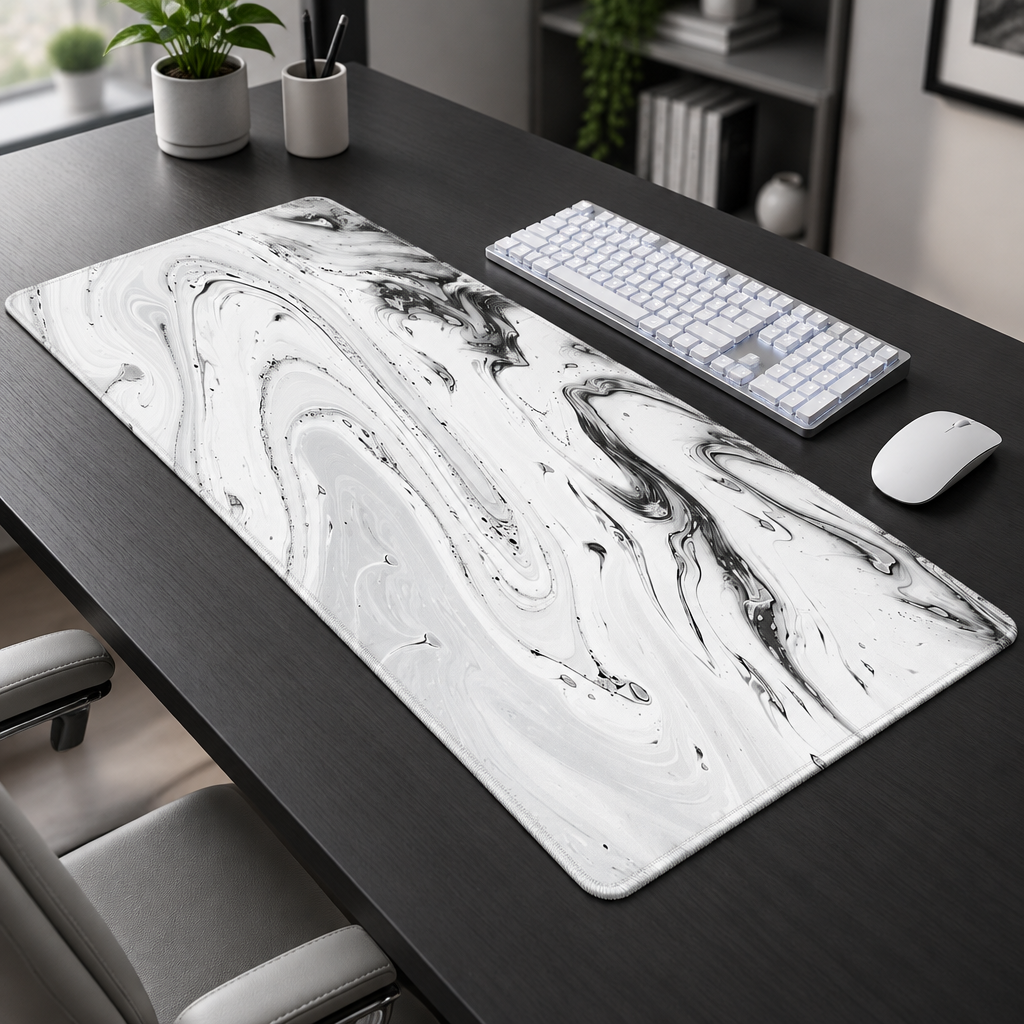 A large rectangular desk mat with a white and gray marble pattern is laid out on a dark wood desk, styled with a keyboard, mouse, and small plants in the background.