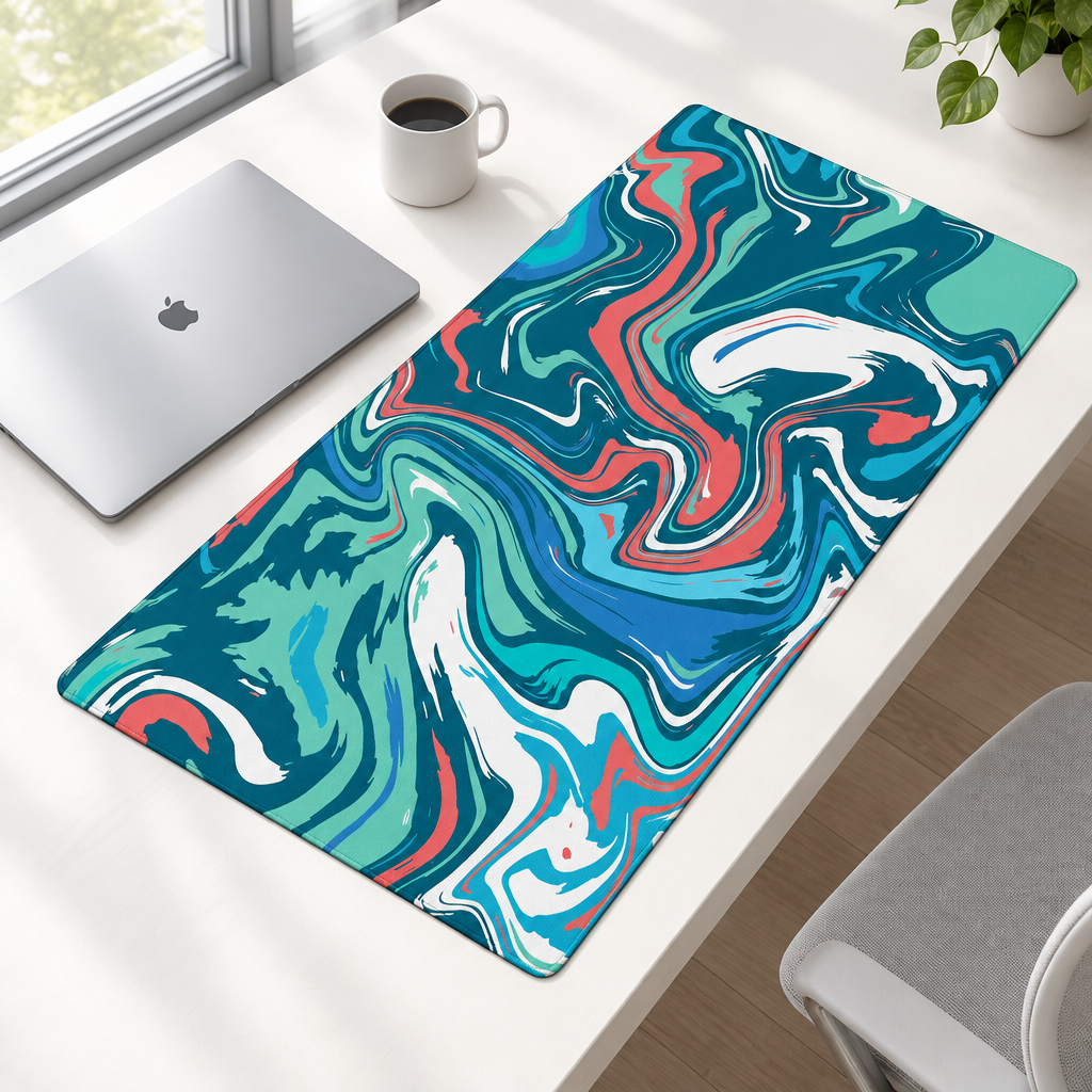 Teal & Coral Marble swatch: "Teal, coral, blue and white liquid marble mouse pad design"