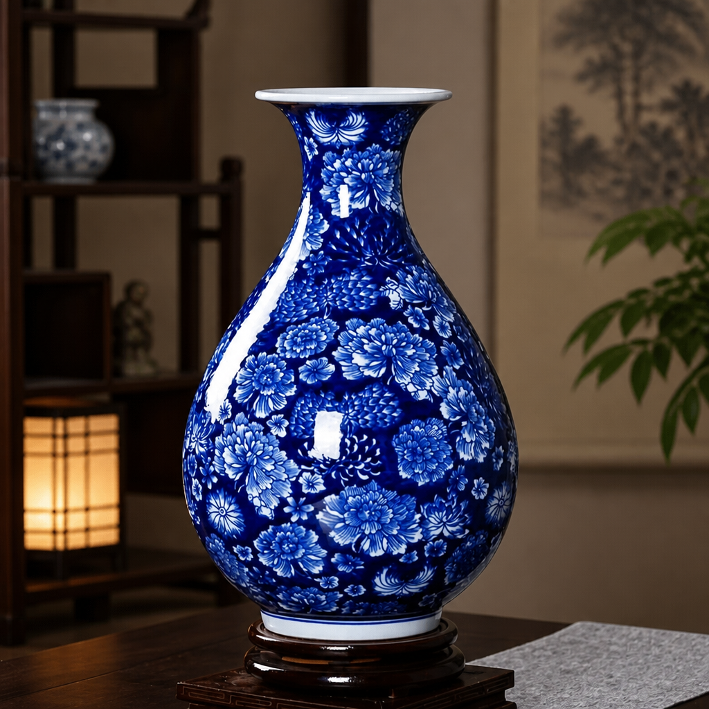 Blue and white pear-shaped porcelain vase with flared mouth