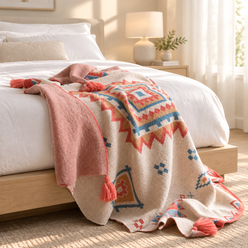 A woven throw blanket with a Southwestern geometric pattern in terracotta, blue, and cream is draped over a neatly made bed in a bright, sunlit bedroom.
