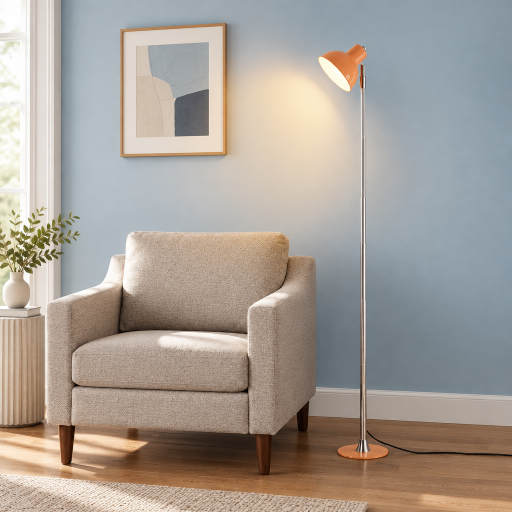 A modern floor lamp with a warm orange conical shade and a slim metallic stand stands beside a beige armchair in a styled living room corner with a blue wall and wood floor.