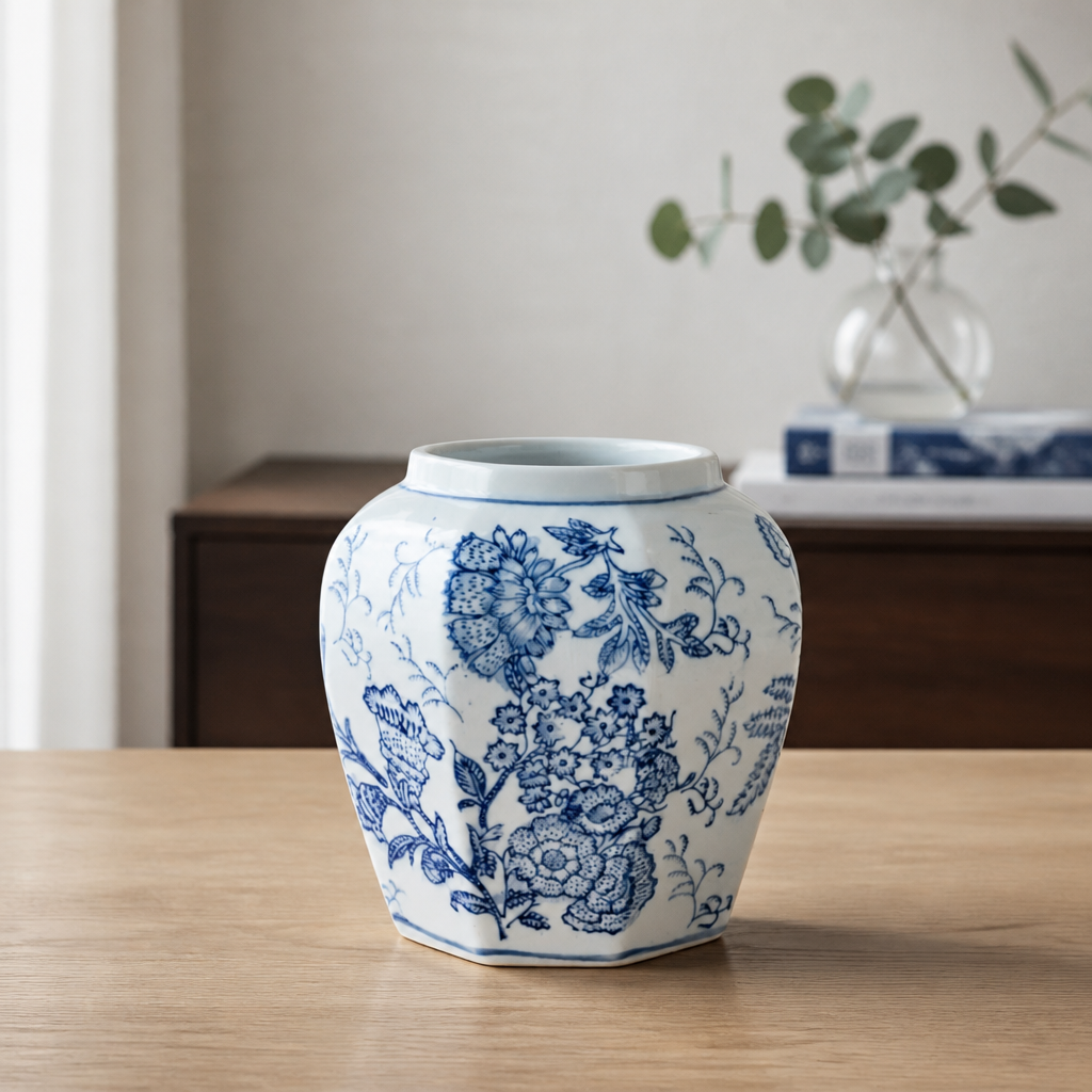 Ceramic vase with blue floral patterns on a wooden surface