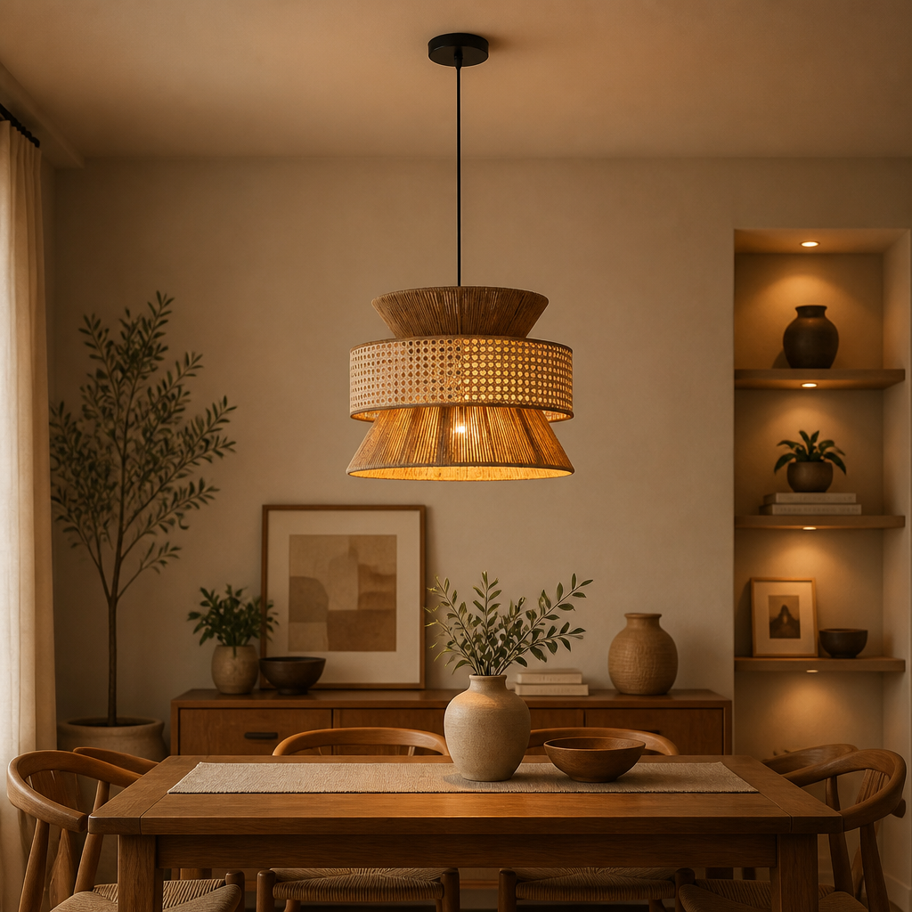 A bohemian-style woven pendant light with tiered wooden shades hangs over a wooden dining table in a warm, modern dining room.