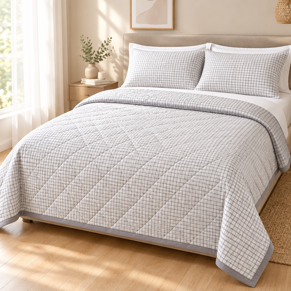 A quilted bedspread and matching pillow shams in a light gray and white gingham pattern, styled on a bed in a bright, modern bedroom.