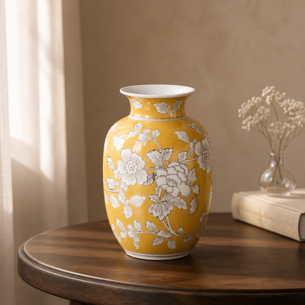 Yellow Chinese porcelain vase with white floral detailing