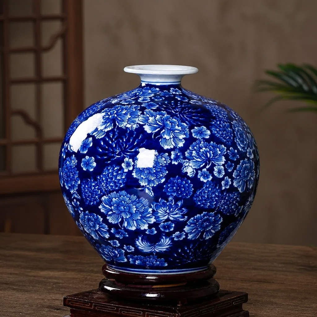 Blue and white round porcelain vase with narrow opening,