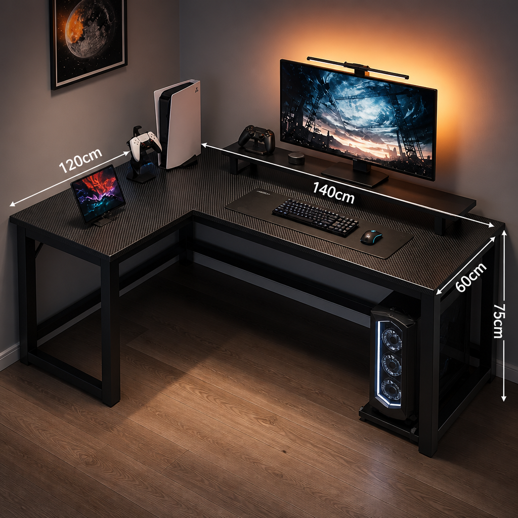 Gaming desk setup with computer monitor, keyboard, and speakers, featuring dimensions.