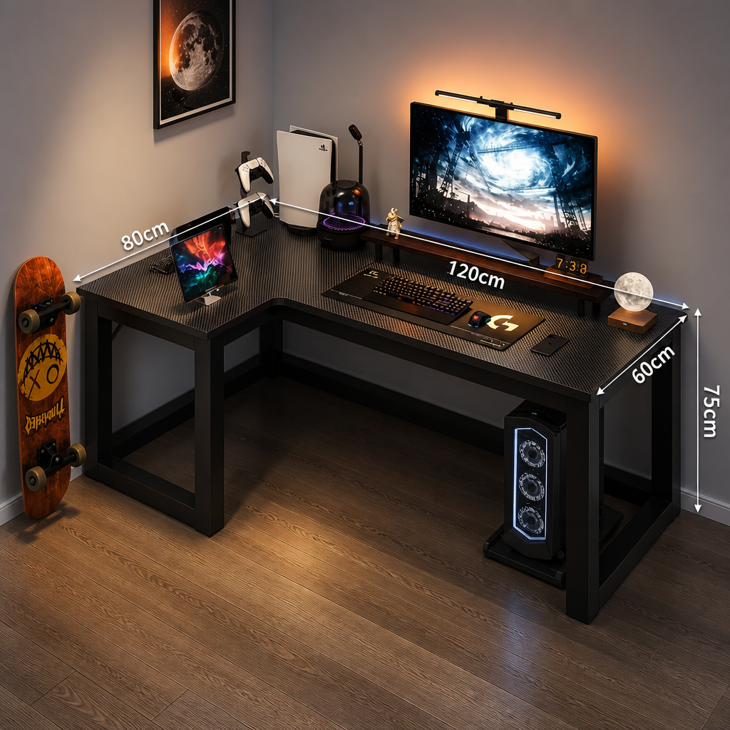 Gaming desk setup with computer equipment and measurements in a room.