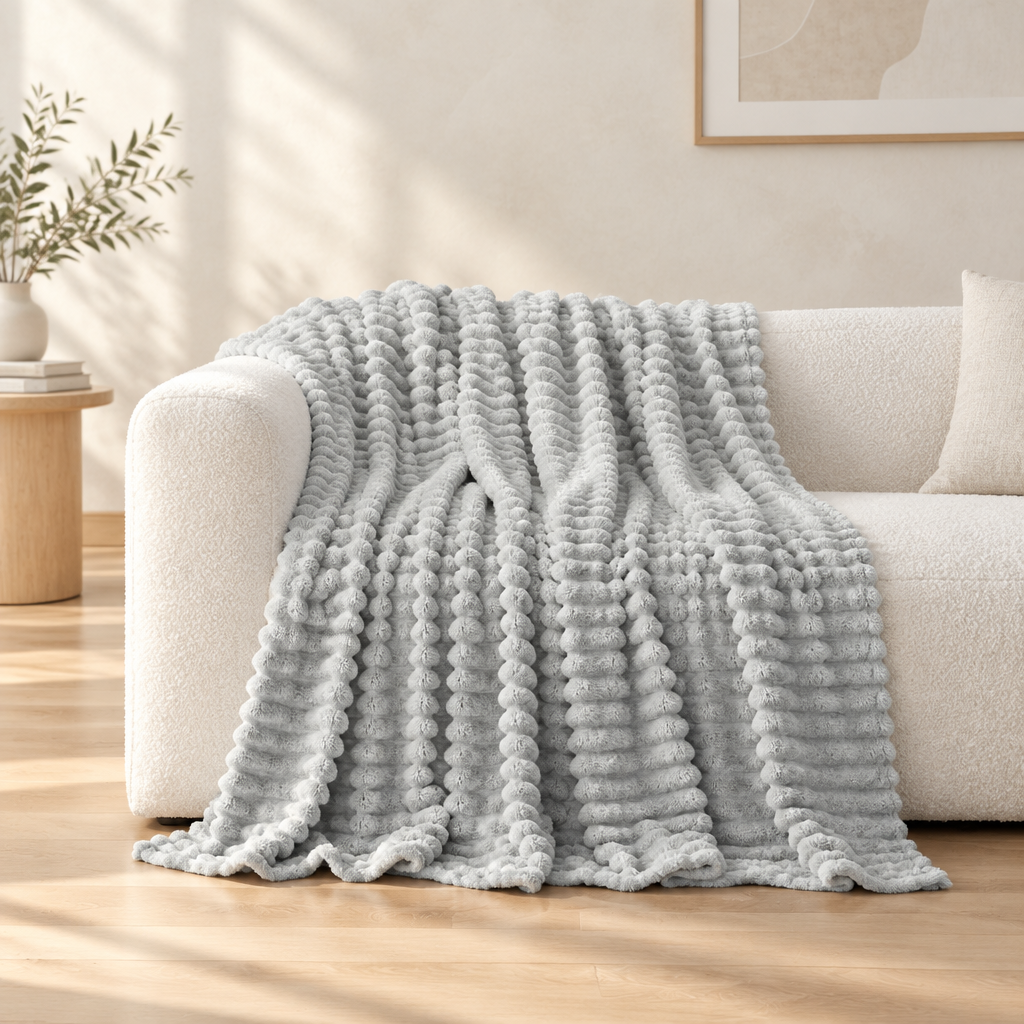 A light grey textured throw blanket with a chunky knit pattern draped over a cream-colored sofa in a bright, modern living room.