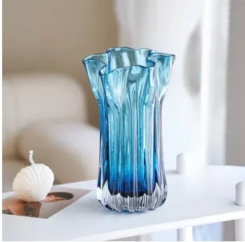 Blue Ripple Glass Vase – Sculptural Modern Decorative Flower Vase