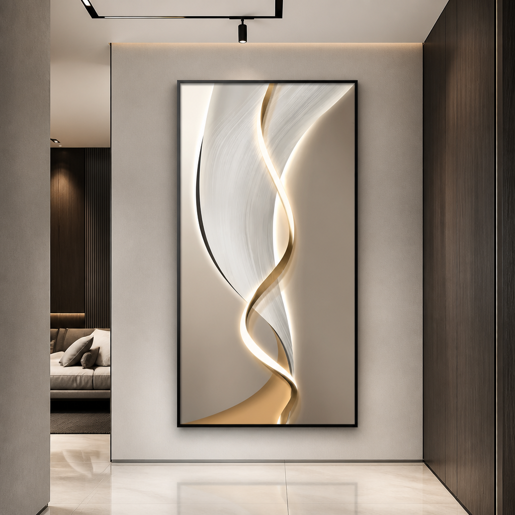 White and gold spiral LED wall art beside a bedroom doorway