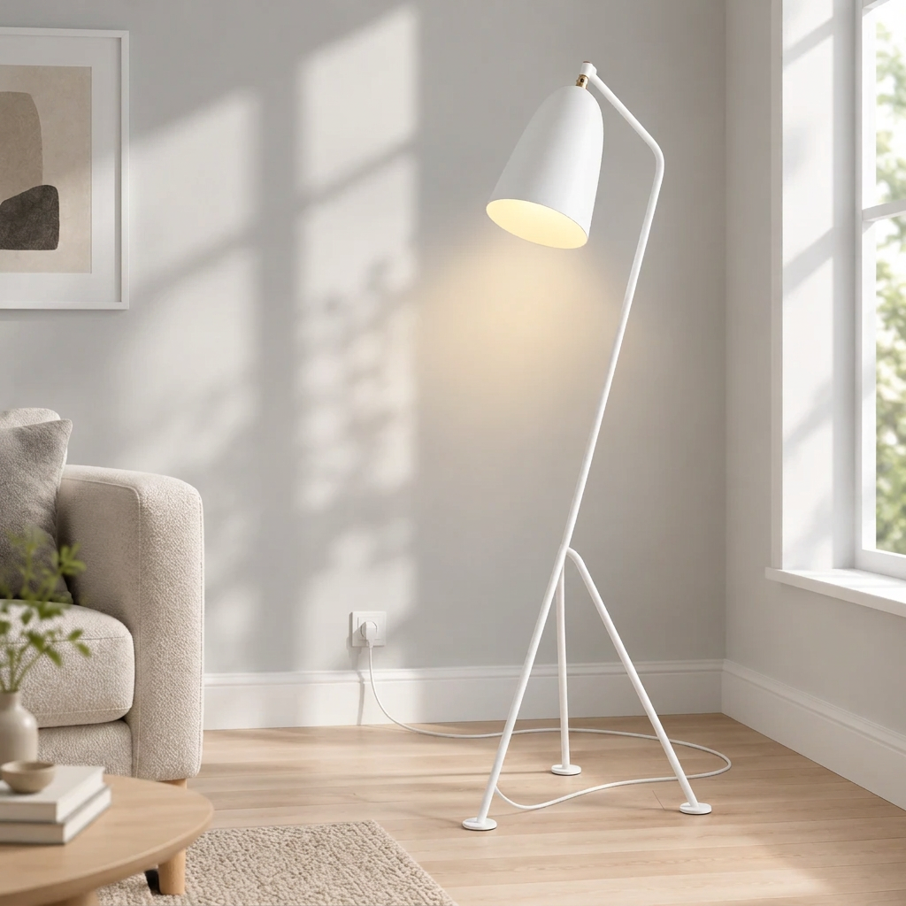 A modern white floor lamp with an adjustable curved arm and tripod base, shown lit in a bright living room corner with a sofa, window, and wood floor.