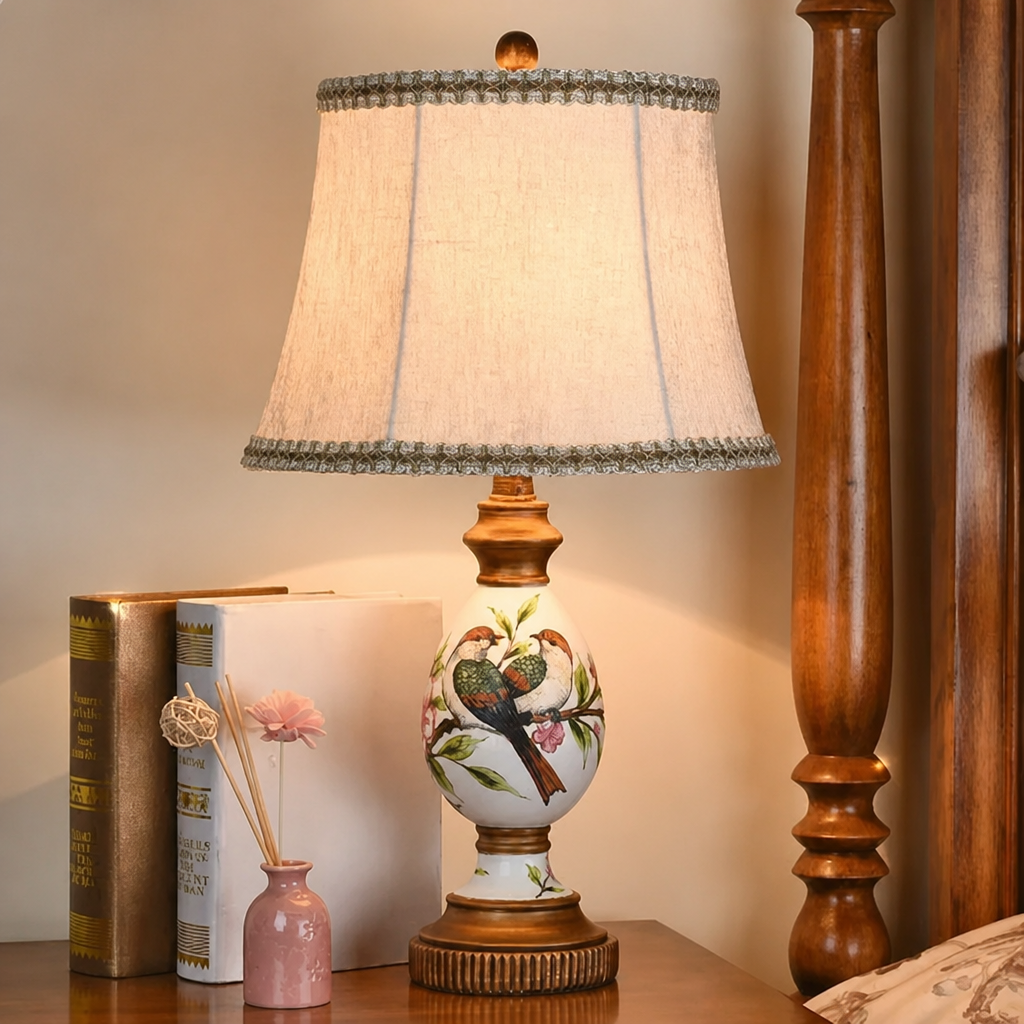 Bird-pattern resin table lamp with chenille shade displayed beside books and a small pink vase