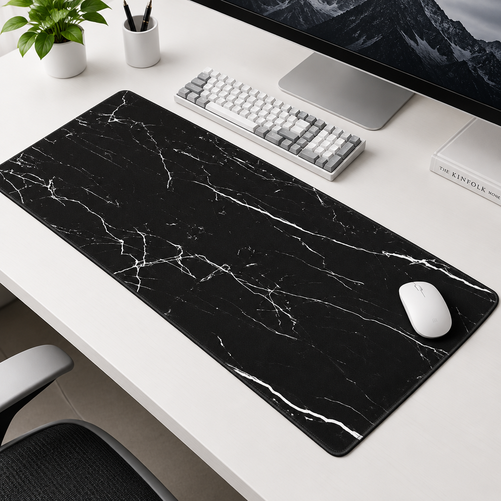 A large rectangular desk mat with a black marble pattern is laid out on a white desk, surrounded by a keyboard, mouse, monitor, and small plant.
