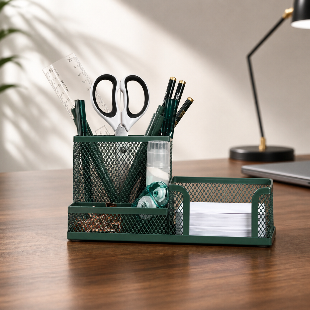 Metal Mesh Desk Organiser with Compartments | Minimal Workspace Storage
