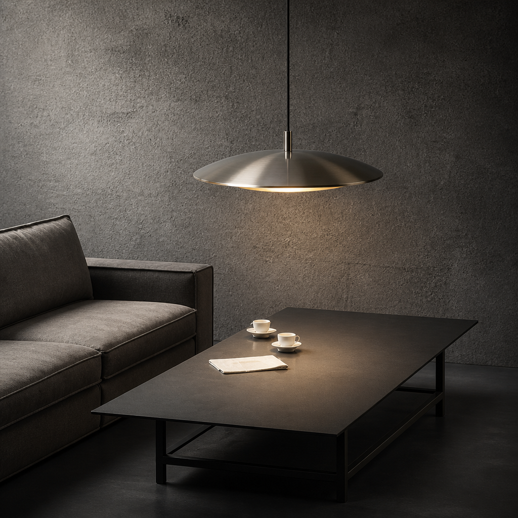 Modern living room with a dark gray sofa, coffee table, and pendant light against a textured wall.