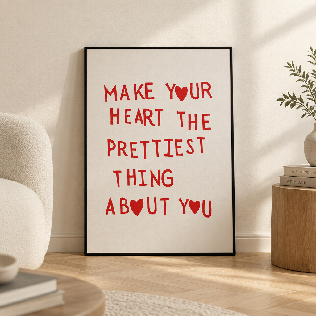 Make Your Heart Pretty: "Make Your Heart The Prettiest Thing About You" red quote print in a black frame