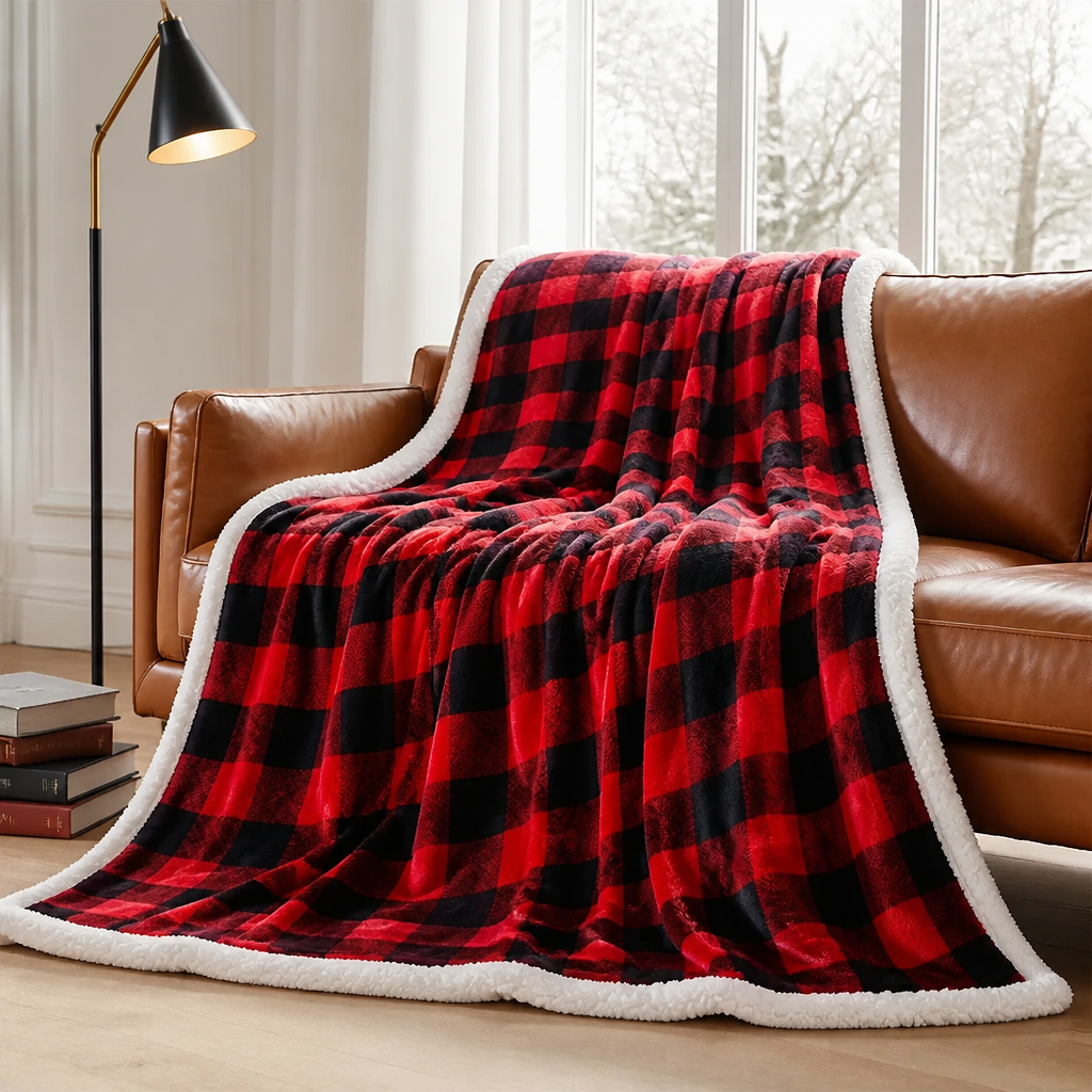 Red & Black Plaid Polyester Blanket – Soft Machine Washable Throw