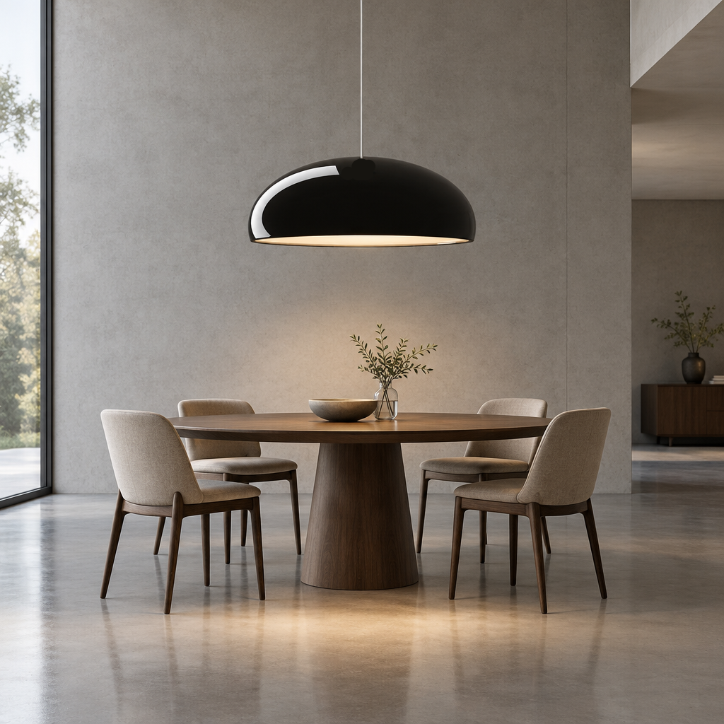 A modern dining room scene with a round wooden table, four upholstered dining chairs, a black dome pendant light overhead, and a minimalist interior with concrete walls and floor.