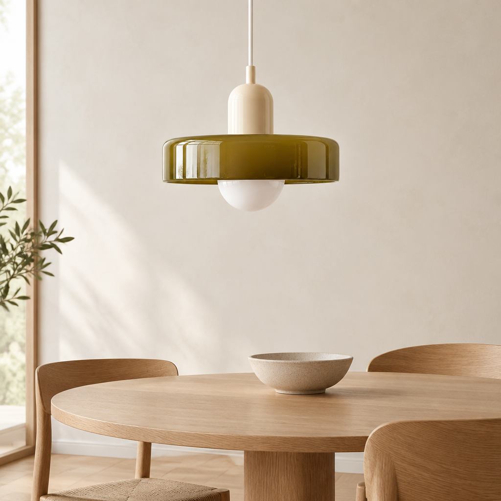 A modern pendant light with a glossy olive green ring shade and a cream-colored neck and bulb, hanging over a light wood dining table in a minimalist room.