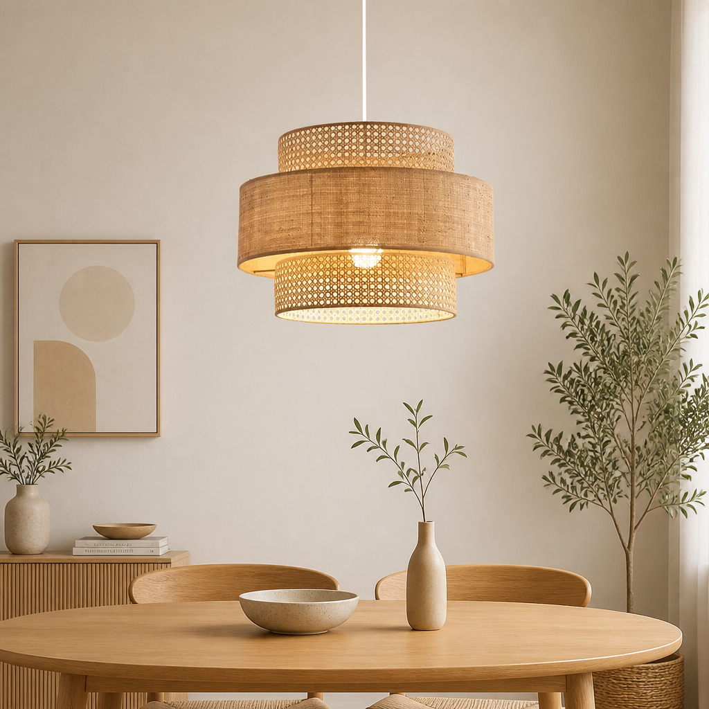 A two-tiered woven rattan pendant light hangs over a round wooden dining table in a softly styled, minimalist dining room with neutral-toned chairs, vases, and plants.