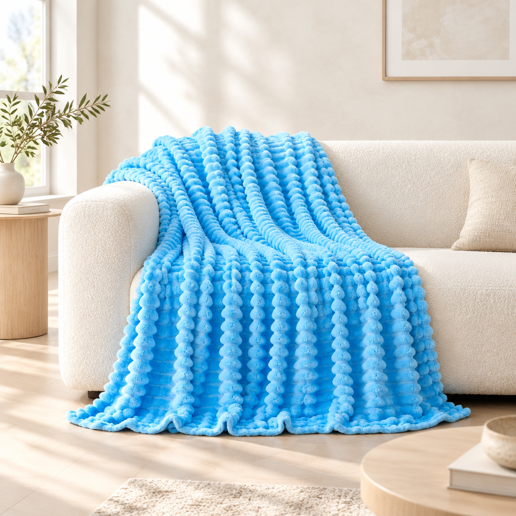 A blue textured throw blanket draped over a cream-colored sofa in a sunlit living room.