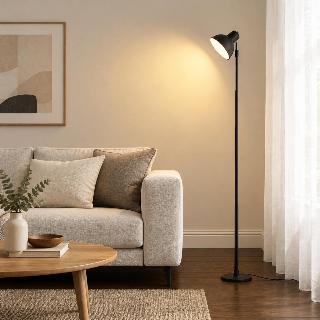 A modern black floor lamp with a adjustable head stands in a living room next to a light beige sofa, casting a warm yellow light on the beige wall. The room features a round wooden coffee table, neutral throw pillows, and white sheer curtains.