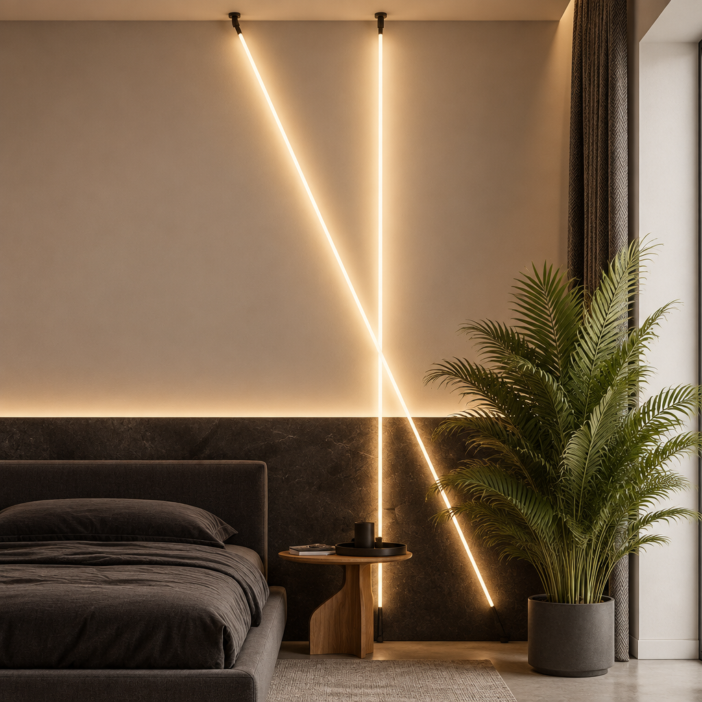 Modern bedroom interior with a bed, small wooden side table, tall potted palm, and dramatic linear wall lighting casting warm glow on a beige wall.
